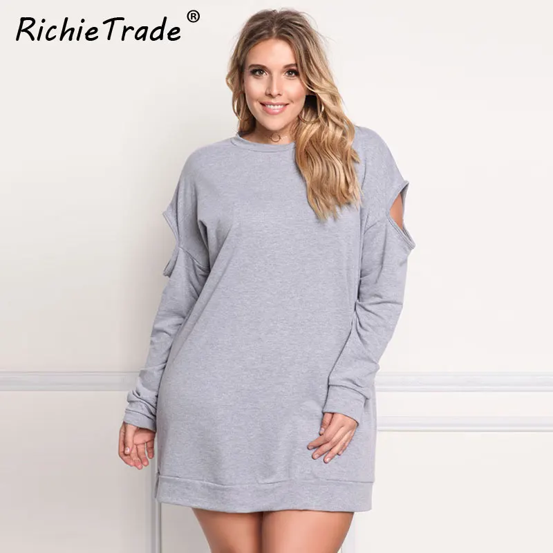Женское платье RICHIETRADE однотонное серое с длинным рукавом и круглым вырезом