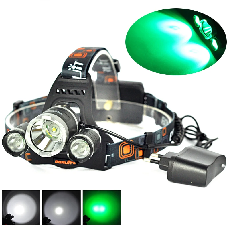 BORUIT 6000LM 3x XM-L T6 + 2R2 зеленый светодиод 2X 18650 налобный фонарь зарядное устройство |