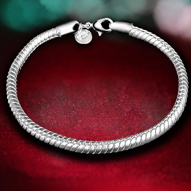 Женская Серебряная цепочка со змеиным плетением 925|Браслеты с шармами| |