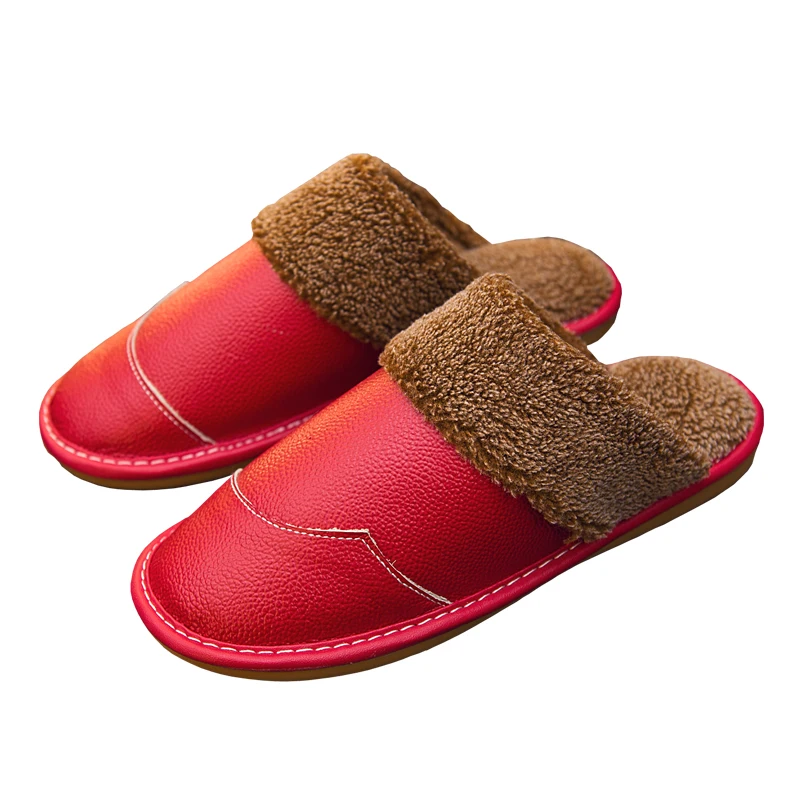 

Indoor Winter Leather Slippers Corduroy Man lamb Wool Warm Cotton Slippers for Men and Women Home Couples Shoes female non-skid