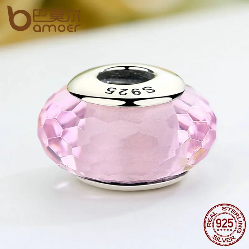 BAMOER завораживающие 925 пробы серебристо-Розовые европейские; из муранского стекла стеклянные бусы, амулеты подходящие браслеты и ожерелья DIY Аксессуары SCZ005