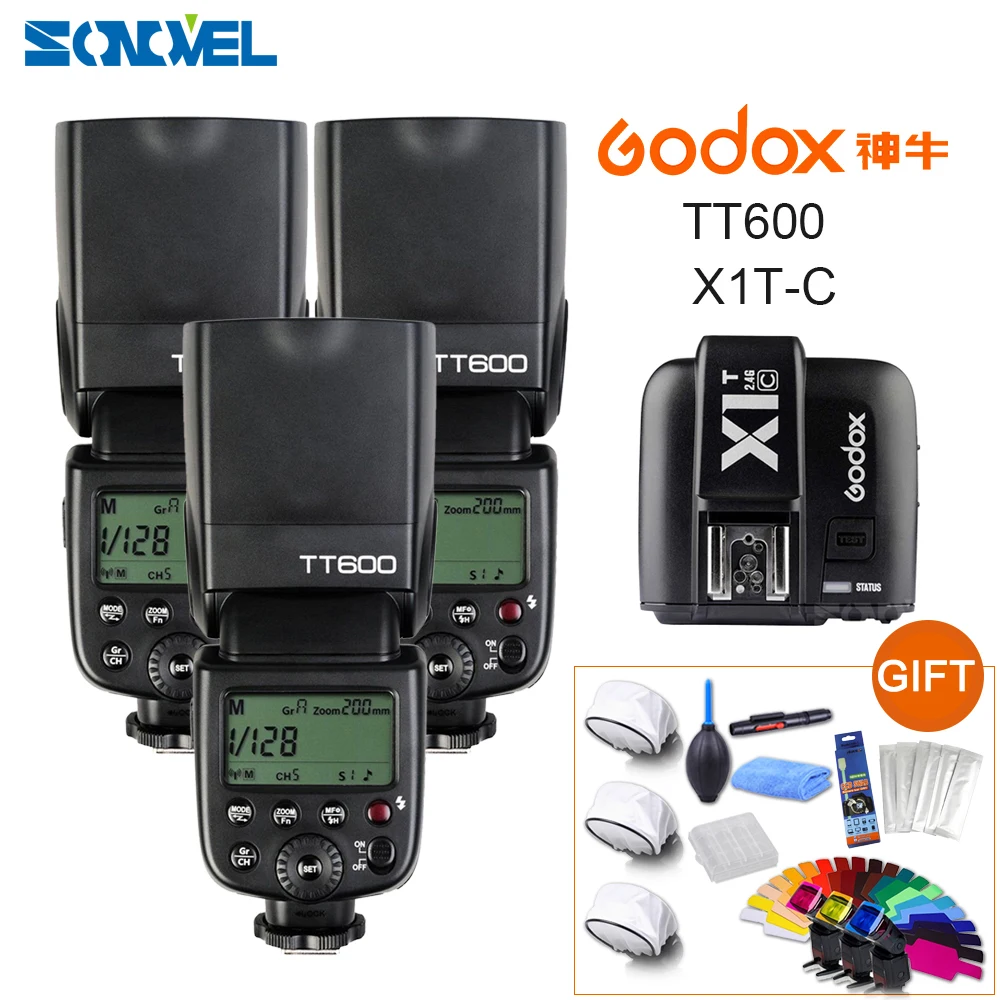 3 шт. Godox TT600 2,4G Беспроводной Камера Вспышка Speedlite+ Godox X1T-C передатчик ttl Беспроводной дистанционный триггер для вспышки для Canon