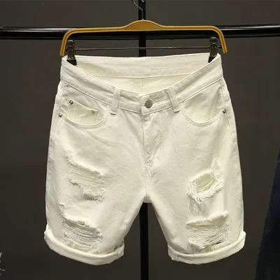K5013 white Summer white Men Ripped Loose Straight Jeans Short Fashion Hip hop Bermuda Holes male Solid color Casual Beach Denim shorts - Цвет: K5013 white