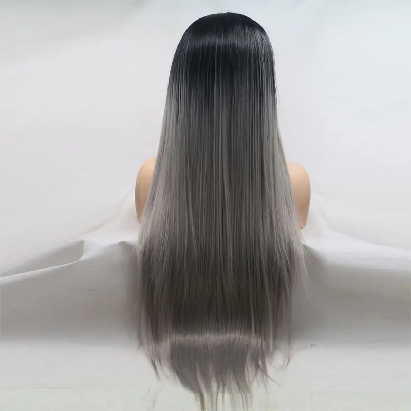 Bombshell черные корни Омбре серый прямой синтетический парик на кружеве Glueless термостойкие волокна волос высокой плотности для женщин