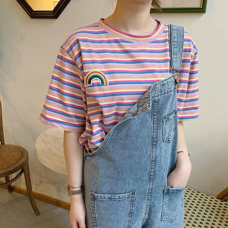 Xian 537 fen Женские футболки с коротким рукавом, Япония, Harajuku, для девочек, Ulzzang, свежий цвет, в полоску, радужная футболка, женская, Корейская, кавайная, розовая, топы, футболки - Цвет: Xian 537 fen
