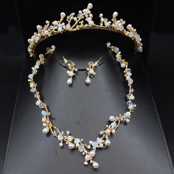 Bridal Jewelry Sets Роскошные золотые жемчужные свадебные комплекты украшений для женщин Выпускной бижутерия для декорирования аксессуары тиары ожерелье серьги - Окраска металла: Bridal Jewelry Sets