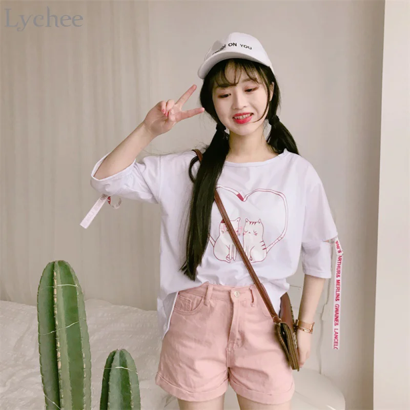 Женская летняя футболка Lychee с вырезами Милая принтом в виде кота и надписи Love на