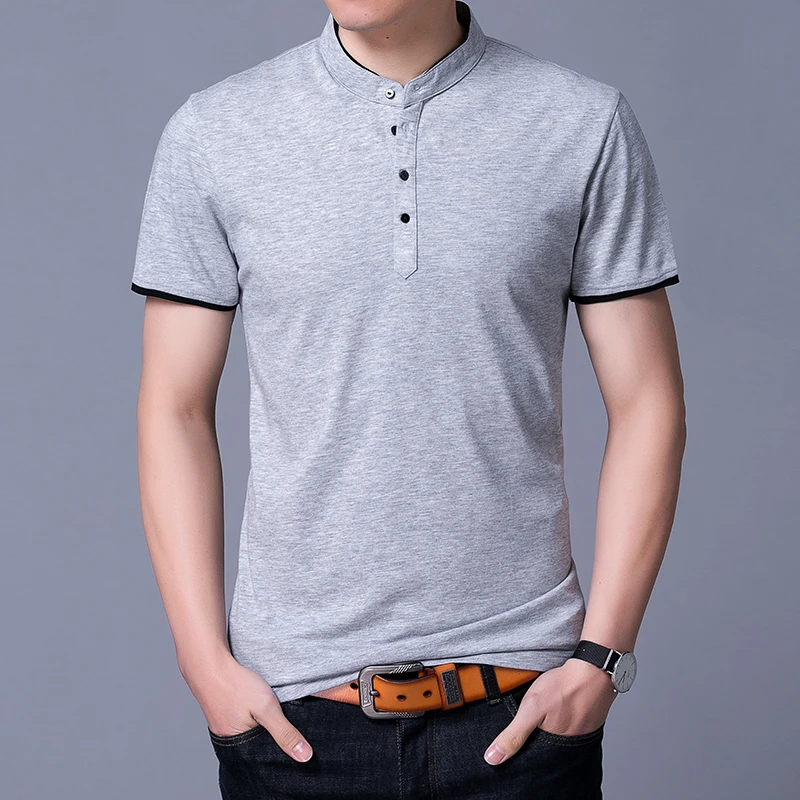 Футболка мужская с воротником-стойкой модная тенниска из чистого хлопка майка