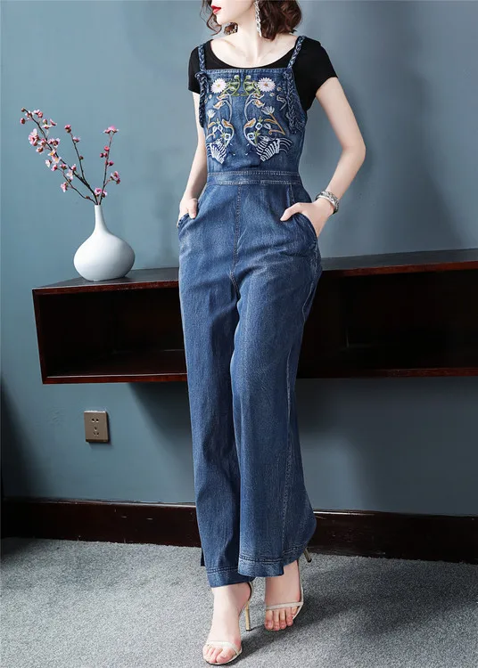 Denim jumpsuit women 2018 Fashion Floral Embroidery Blue Jean overalls Elegant Sleeveless Strapless Wide Legs pants Bodysuits | Женская