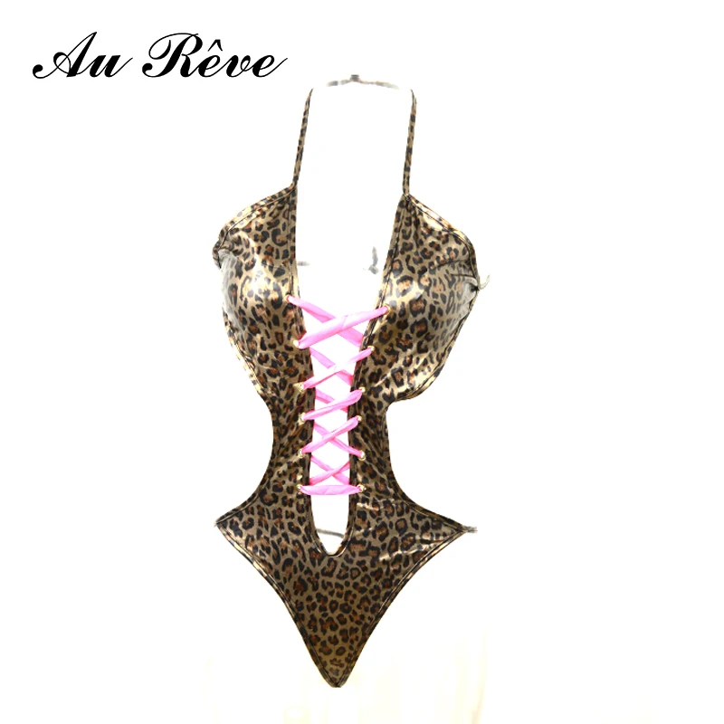 Au Reve Сексуальные Женщины Leopard Печати Комбинезон ПУ Кожа Латекс Винил Танца на