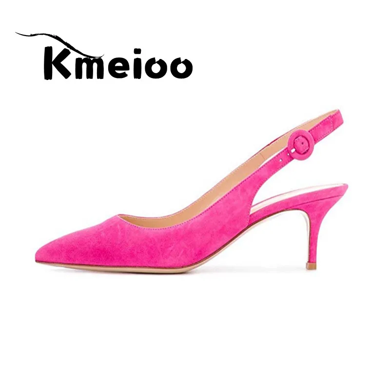 Hot Pink-Suede Kmeioo/пикантные женские туфли-лодочки с леопардовым принтом на тонком каблуке, женская обувь для вечеринок, Брендовые женские туфли-лодочки с острым носком и ремешком на щиколотке, большие размеры - Цвет: Hot Pink-Suede