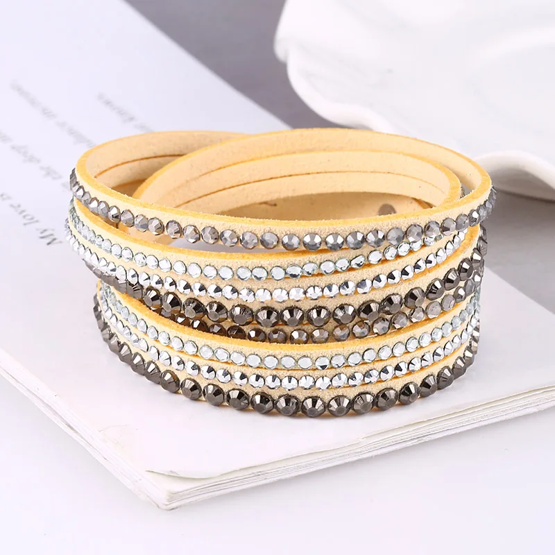 Beige Bracelet HOCOLE тренд кожаный браслет со стразами женский шарм кристалл обруч Многослойные браслеты для женщин Свадебные модные ювелирные изделия - Окраска металла: Beige Bracelet