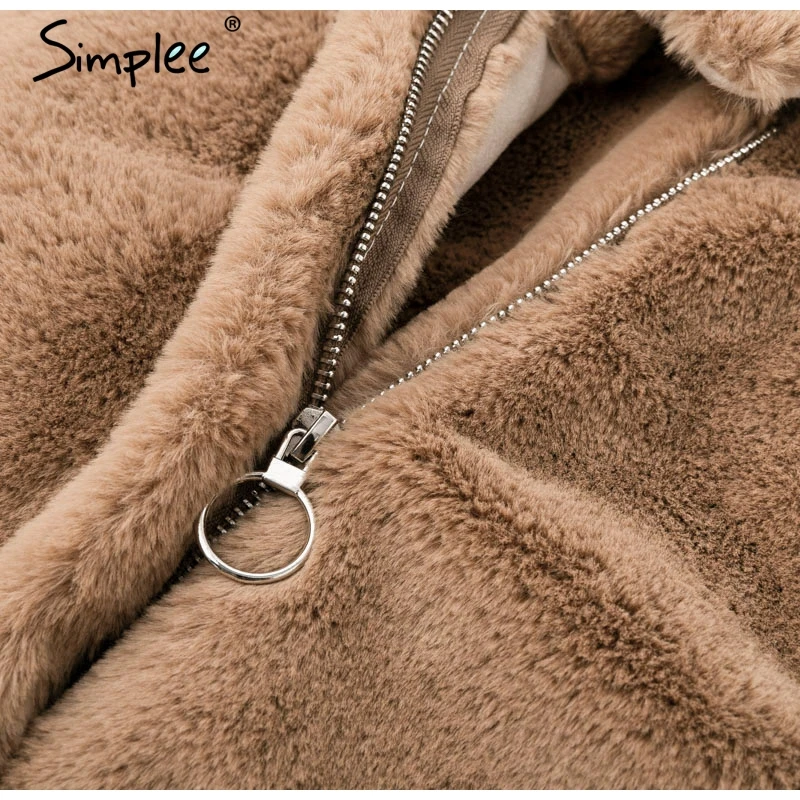 Simplee Elegant faux fur coat Women Autumn winter warm soft zipper fur jacket Female plush overcoat casual outwear