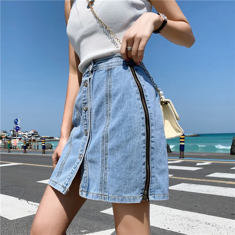 S XL 2019 лето в Корейском стиле однобортный высокая талия джинсовые юбки Молния