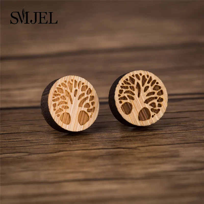 Big Tree Earrings SMJEL Панк Круг Кулон Серьги гвоздики деревянный для женщин Глобус мира серьги с картой ручной работы подарок для нее путешествия ювелирные изделия Мать Земля - Окраска металла: Big Tree Earrings