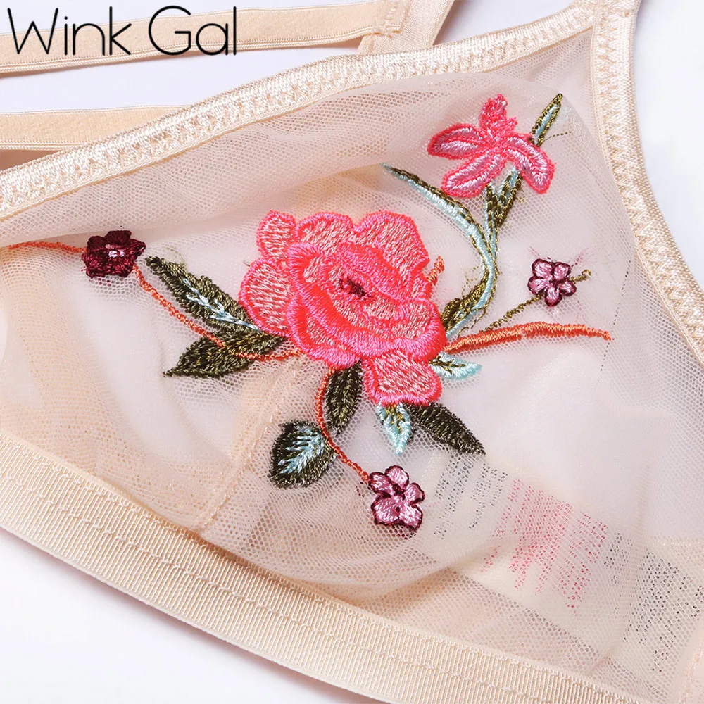 Wink Gal/Новинка, летний сексуальный бюстгальтер без косточек с цветочной вышивкой, сексуальный бюстгальтер без косточек, комплект из бюстгальтера и штанов W12207