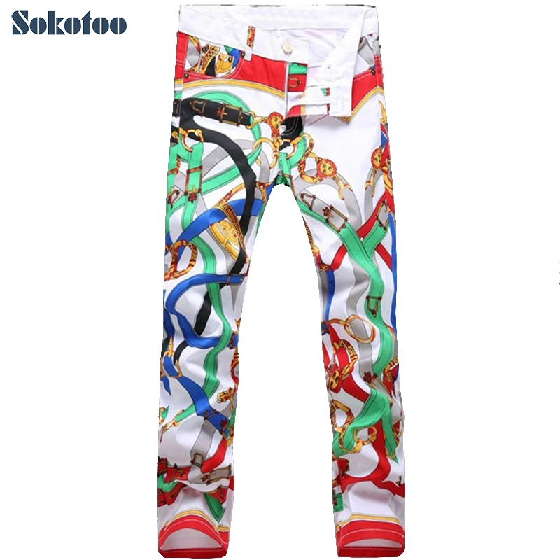 Sokotoo Men's fashion slim colored belt print jeans Casual flower pants Long trousers