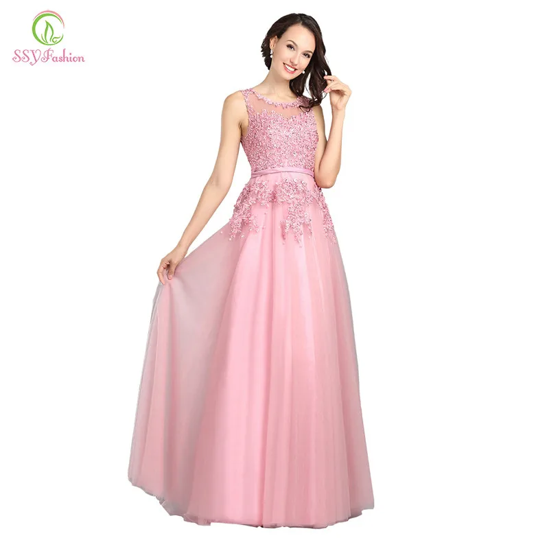 Robe De Soiree SSYFashion, милое Розовое Кружевное длинное вечернее платье с бусинами, свадебное прозрачное банкетное сексуальное платье без рукавов для выпускного вечера