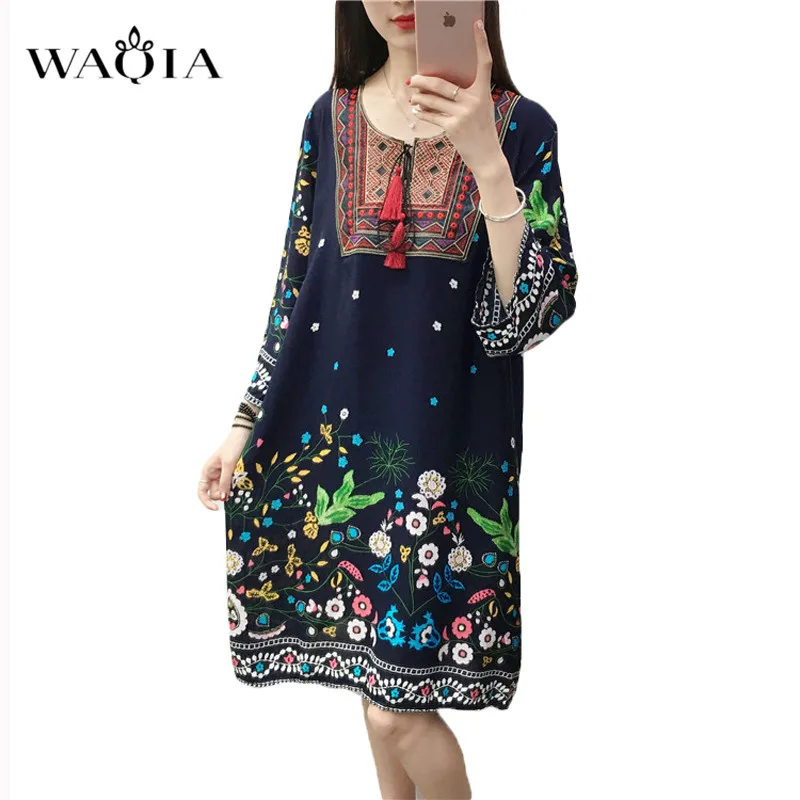 WAQIA 2019 женское летнее платье до колена с цветочным принтом три четверти