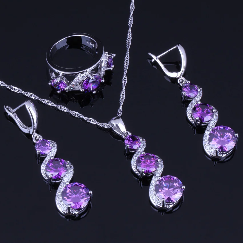 

Angelic Round Purple Cubic Zirconia White CZ Silver Plated Jewelry Sets Earrings Pendant Chain Ring V0032