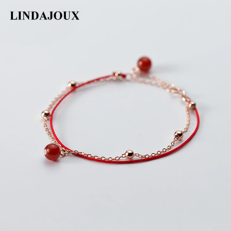 LINDAJOUX Новый стерлингового серебра 925 красная строка Натуральный камень бисер