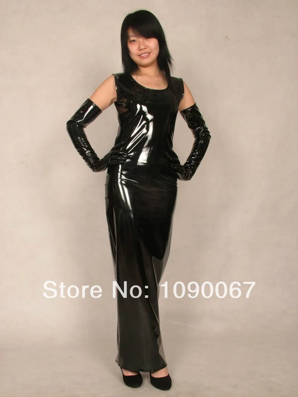 PVC lycra spandex zentai suit costume metallic black long dresS--XXL | Тематическая одежда и униформа