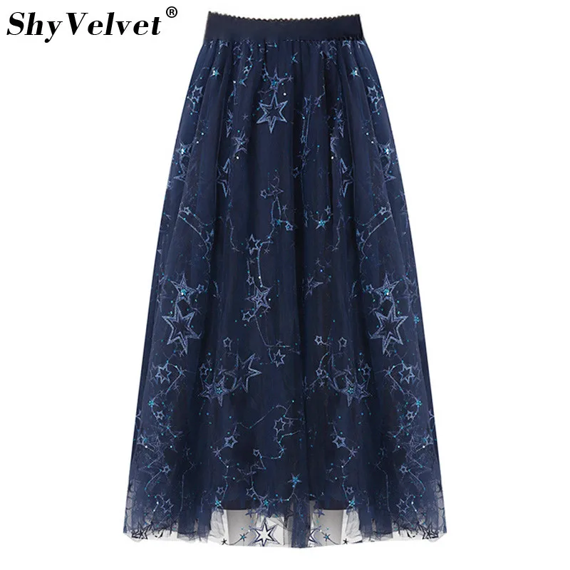 blue skirt Новые летние длинные Тюлевая юбка элегантные звезды цветочной вышивкой Высокая Талия гофрированный с сеткой Юбки Женская пачка блестками Синий Faldas - Цвет: blue skirt