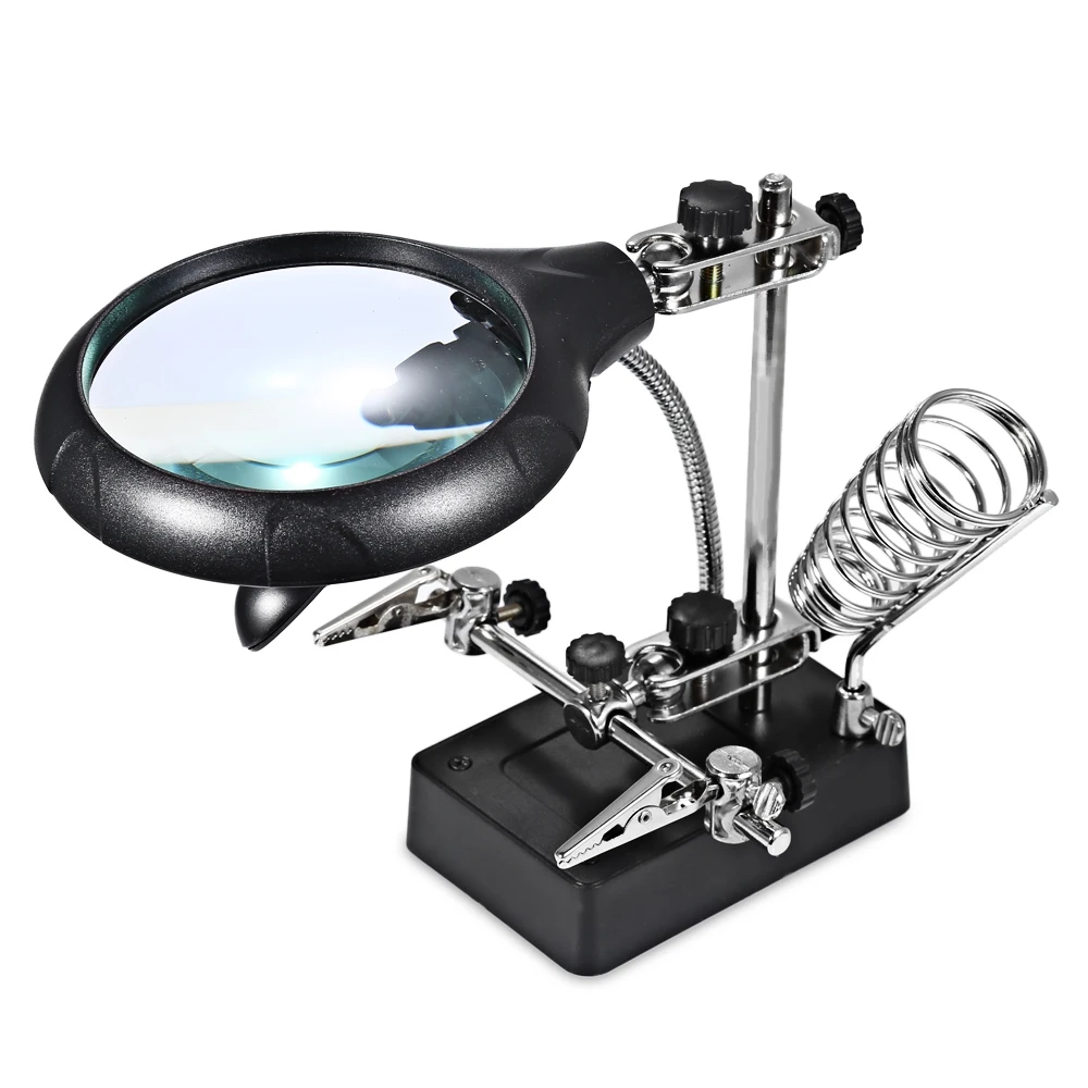 New LED Illuminated Desktop 10X Magnifier Lupa Helping Hand Auxiliary Clamp Alligator Clip Stand 5 Lights Mangnifying Glass | Инструменты