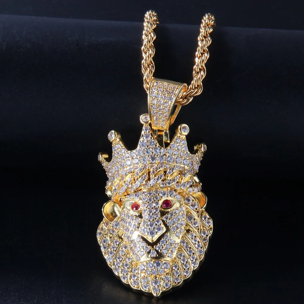 Хип-хоп AAA CZ циркон проложили Bling Iced Out корона лев животное подвески ожерелье для мужчин рэппер ювелирные изделия золотой цвет Прямая