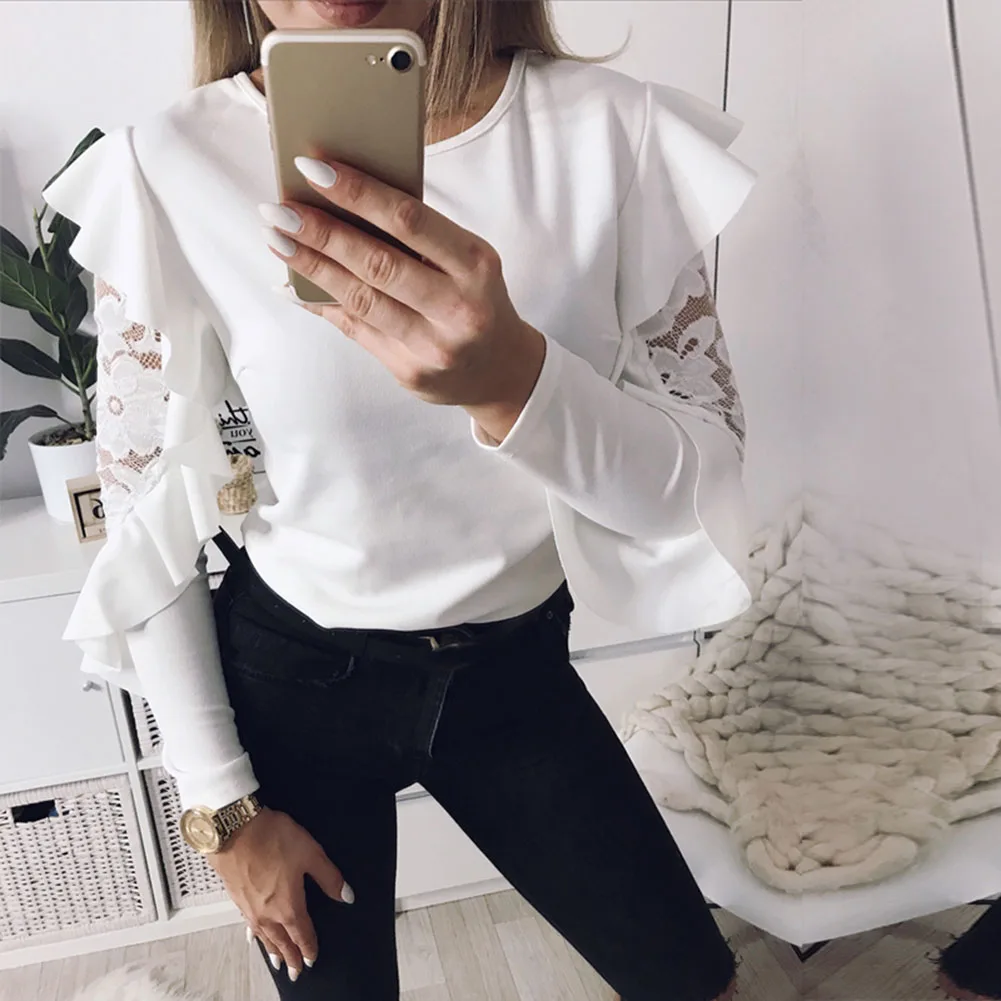 Женская Кружевная футболка с оборками и длинным рукавом милая Однотонная