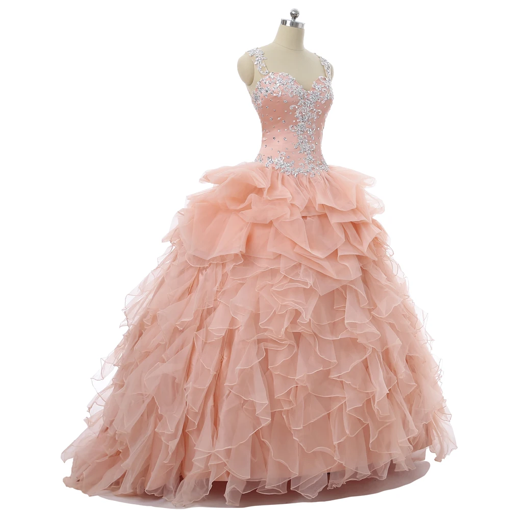 Персиковое недорогое бальное платье Quinceanera милое из органзы с кружевной