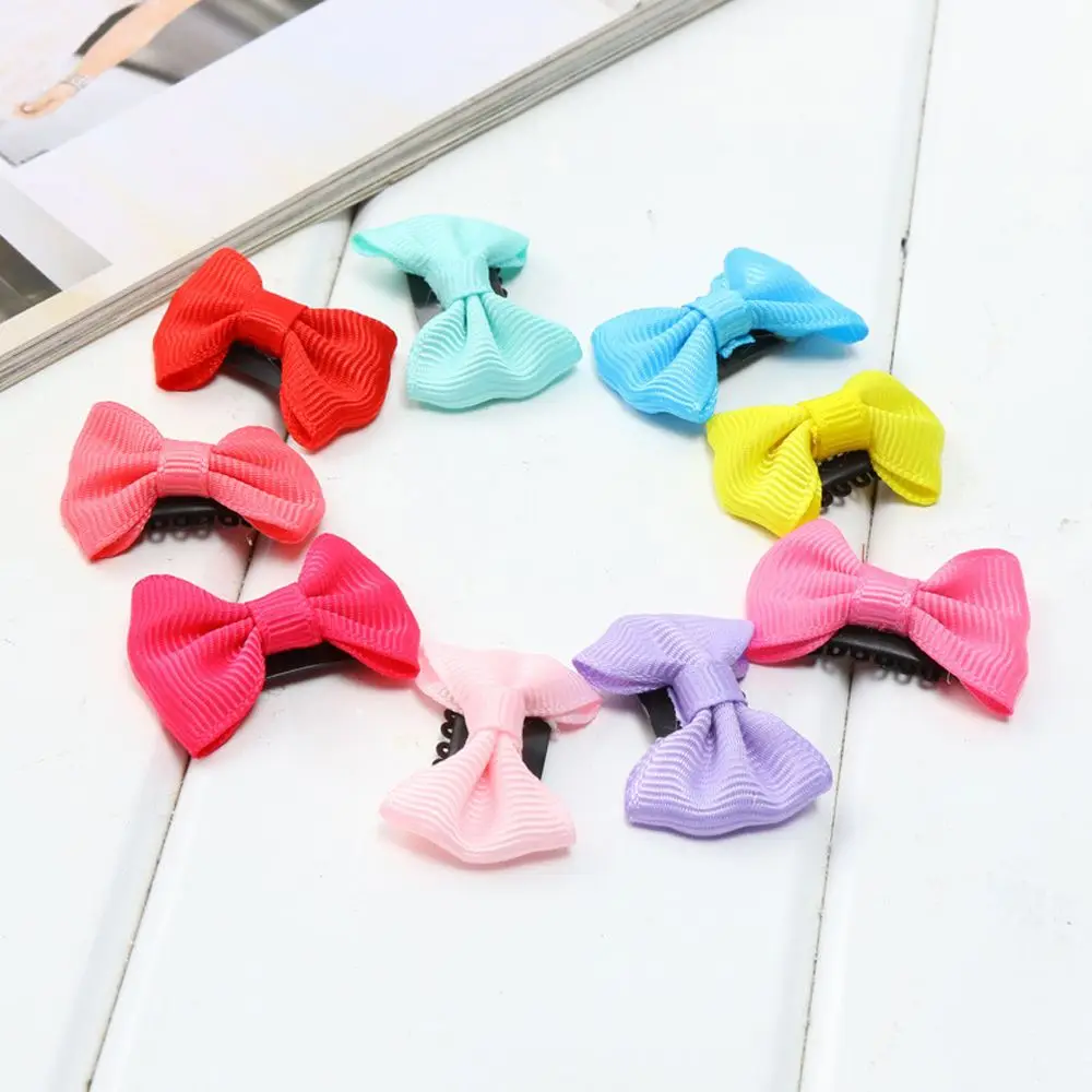 random solid color 10 шт./лот, милые Пришивные заколки для волос с бантом из ленты, однотонные/в горошек для маленьких девочек, маленькие заколки для волос с цветочным принтом, заколки, аксессуары, головные уборы - Цвет: random solid color
