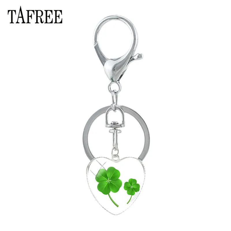 TAFREE высокое качество сердце зеленые брелоки Растения кольцо для ключей из сплава металла четырехлистный клевер стекло брелок для ключей с камнем для автомобиля сумка ключ QF322