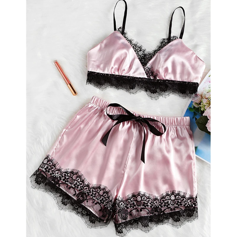 Модный женский пижамный комплект Сексуальный Атласный белая кружевная Пижама с