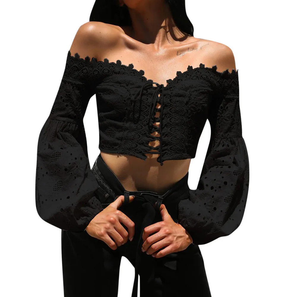 Женская Кружевная футболка с открытыми плечами Повседневная Свободная ажурная