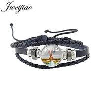 jweijiao paris eiffel tower pu leather bracelet glass cabochon picture dome charm cord bracelet bangles punk jewelry pr44