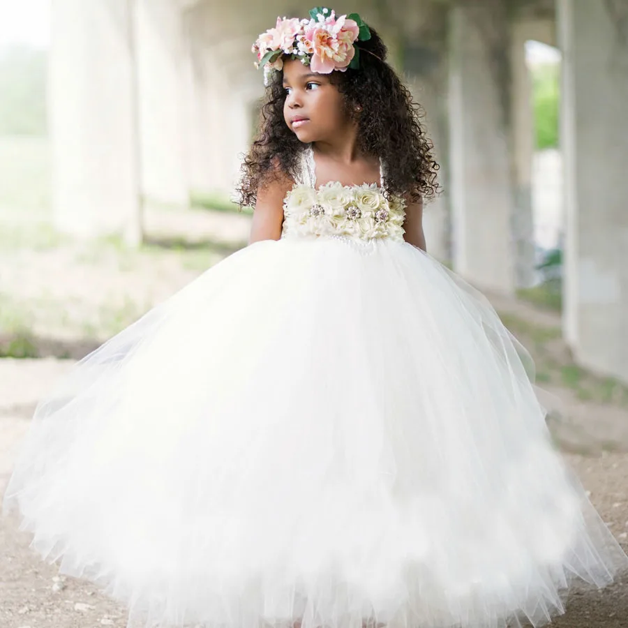 white dress Свадебное платье-пачка цвета слоновой кости с цветочным узором для девочек; винтажные стразы; Детские вечерние платья для дня рождения; одежда для фотосессий; детское платье с фатиновой юбкой - Цвет: white dress