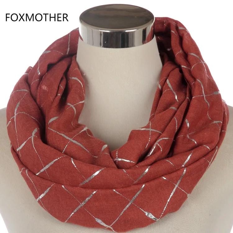 FOXMOTHER Новая мода женские черного, розового, серого цвета металлик Фольга серебристого цвета в мелкую клетку, с узором Снуд шарф-кольцо платок хиджаб Для женщин Дамская - Цвет: Dark Orange