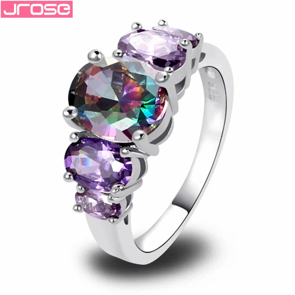 

JROSE Women Fashion Mysterious Purple Rainbow CZ Silver Plated Ring Size 6789 10 11 12 13 Engagement Jewelry Wholesale New Gifts