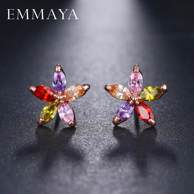Женские серьги-гвоздики с фианитами EMMAYA Разноцветные из розового золота цветами