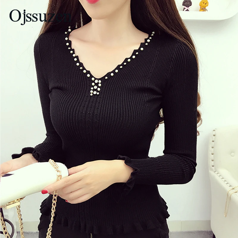 Spring V Neck Sweaters Knitted Women's Pullovers Autumn White Long Sleeve Office Lady's Sweater Casual Solid Ruffles Beading | Женская