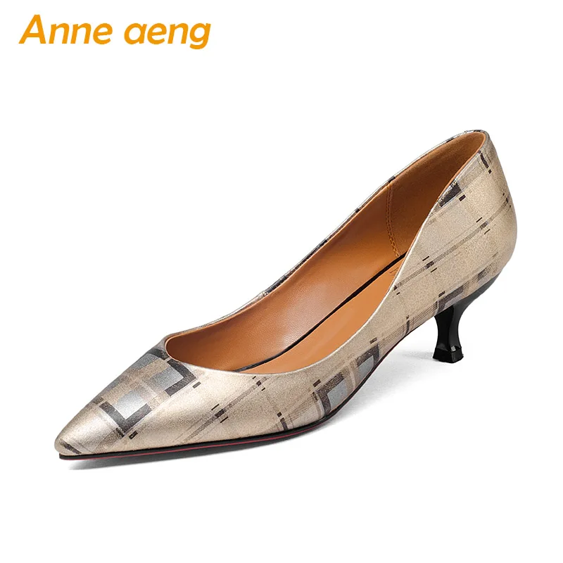 

New Spring/Autumn Genuine Leather Women Pumps Middle Heels Pigskin Insole Pointed Toe Sexy Office Ladies Women Shoes Gold Pumps