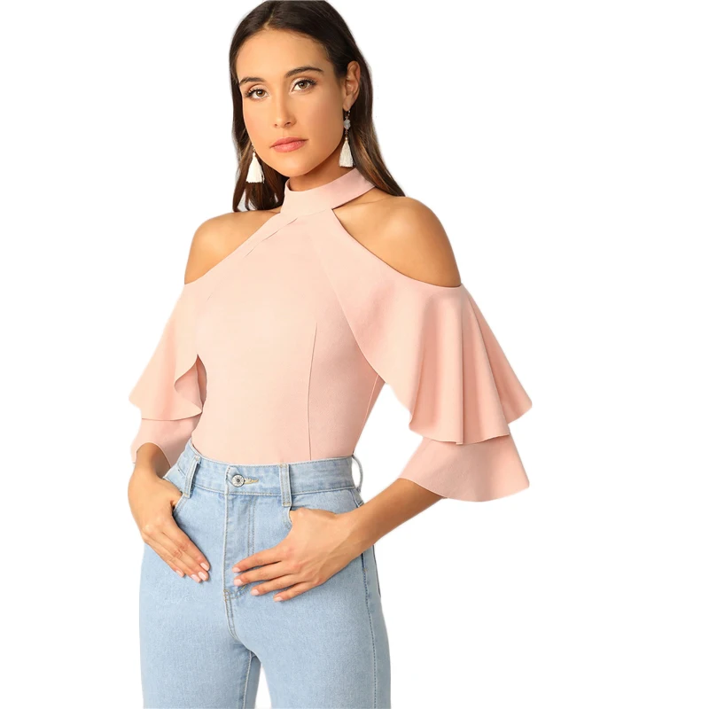 SHEIN элегантный пастельный розовый гофрированный Холтер с открытыми плечами, многослойный топ с расклешенными рукавами, блузка, женские весенние облегающие Сексуальные вечерние блузки