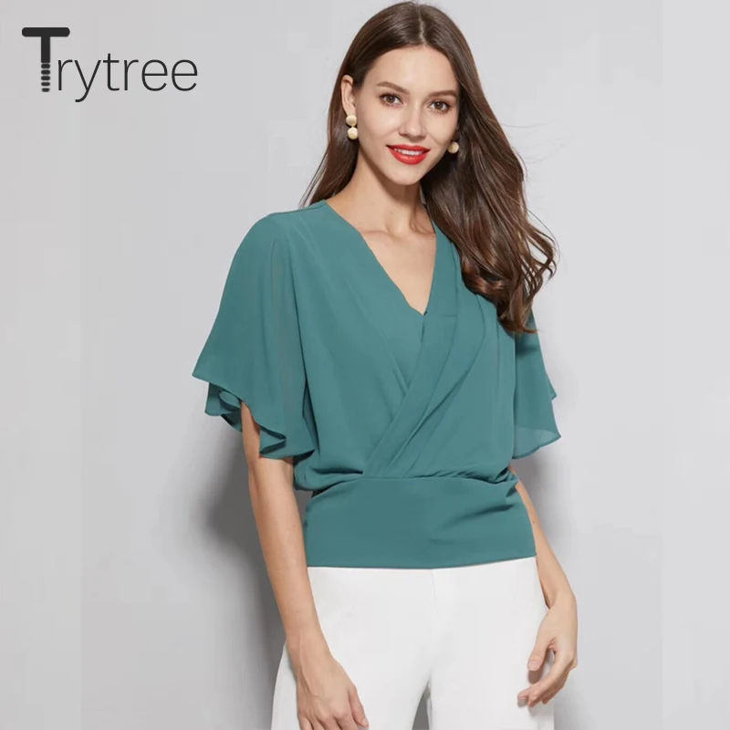Trytree летний топ Женская блузка повседневная однотонная зеленая рубашка Топы