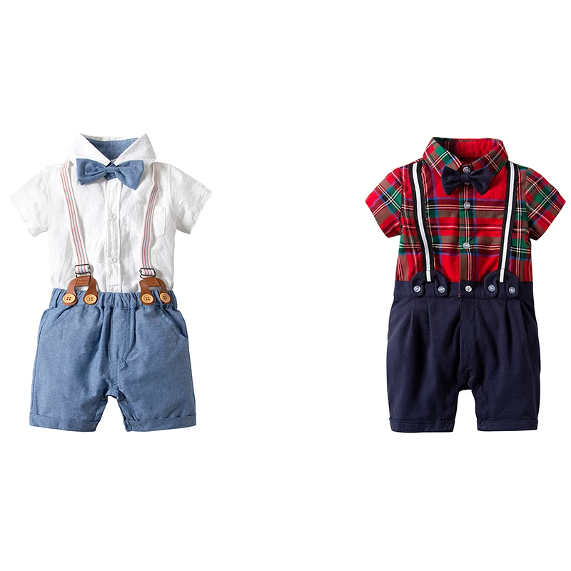 Baby boy clothes 2019 new summer male baby gentleman bow tie cute plaid short sleeve strap decorative romper 70-95cm |