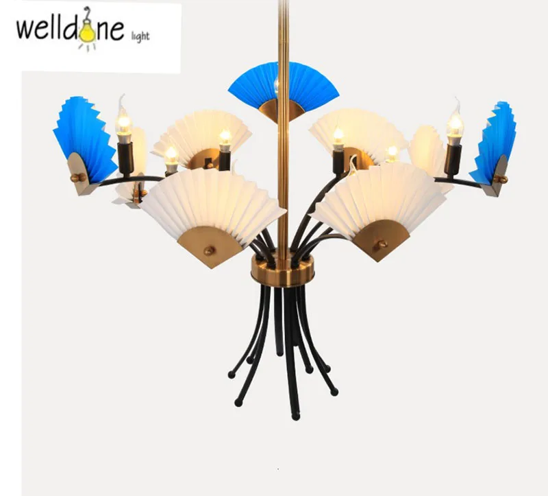 

Modern Creative pendent Lamp Fan Shape Luxury blue /white Bedroom Corridor Sitting Room PP AND METAL Chinese style
