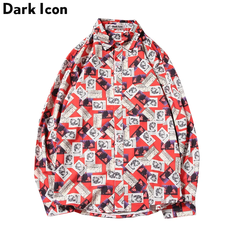 Full Printed Turn-down Collar Men's Shirt Long Sleeve 2018 New Vintage Hip Hop Men Casual Shirts Black Red | Мужская одежда