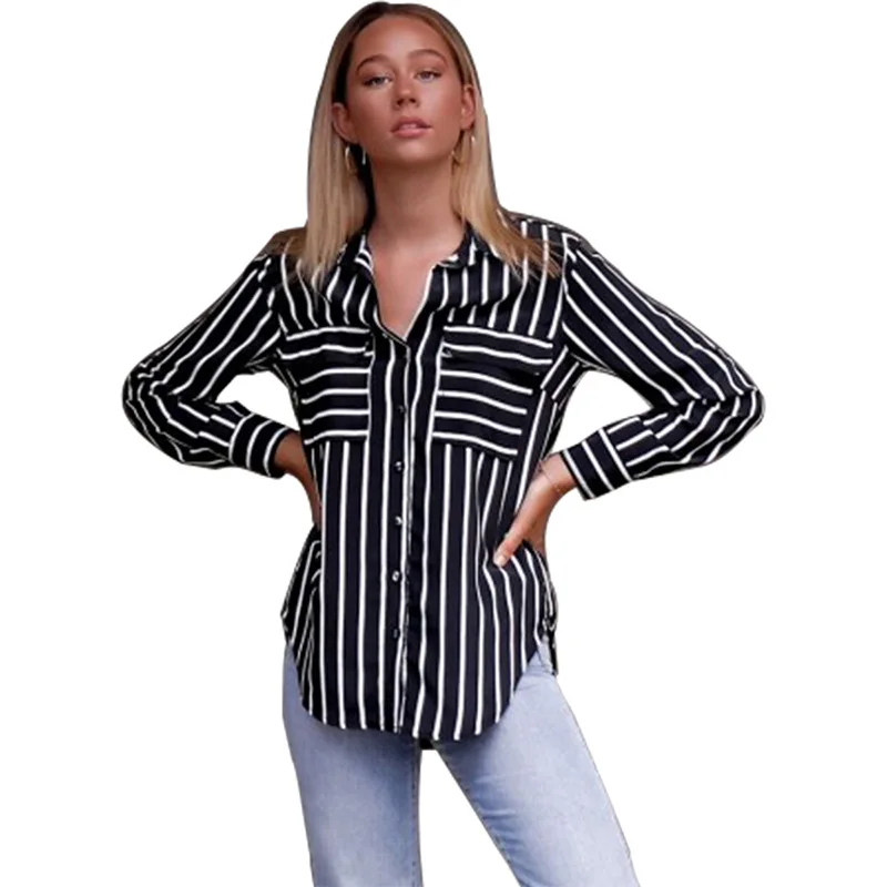 

Women's popular tops fashion personality blouse sexy V-neck striped shirt slim blouse loose casual ladies shirt