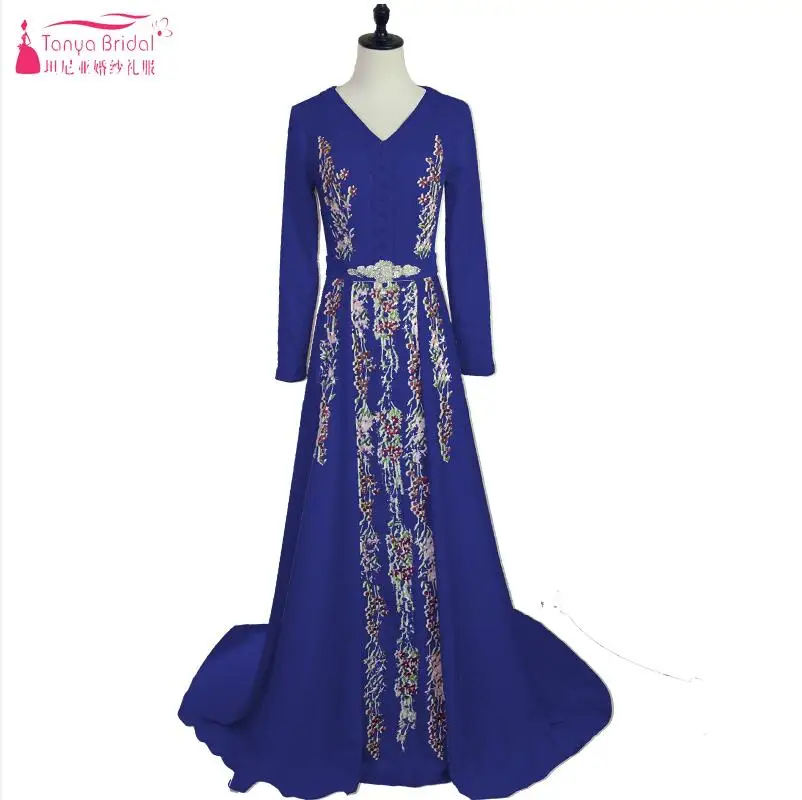 Синий Элегантное мусульманское вечернее платье марокканский кафтан Robe De Soiree Дубай Кружевная аппликация торжественное платье с длинным рукавом платье на выпускной - Цвет: Синий