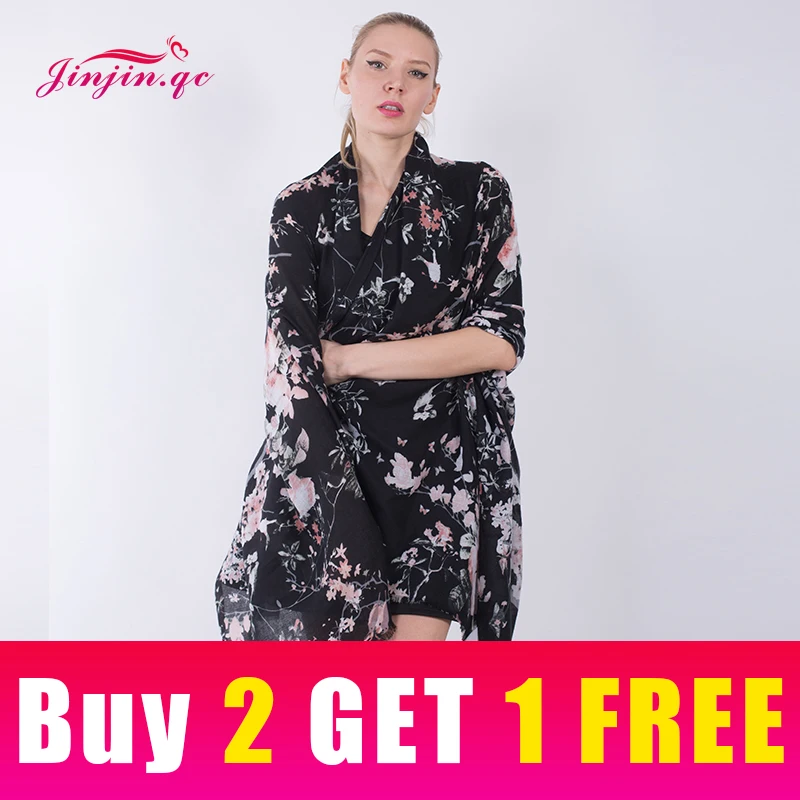 

Jinjin.QC 2019 Womens Floral Print Scarf Black Purple Flower Printed Scaves and Shawls Summer Beach Shawls Women Pashmina Hijab